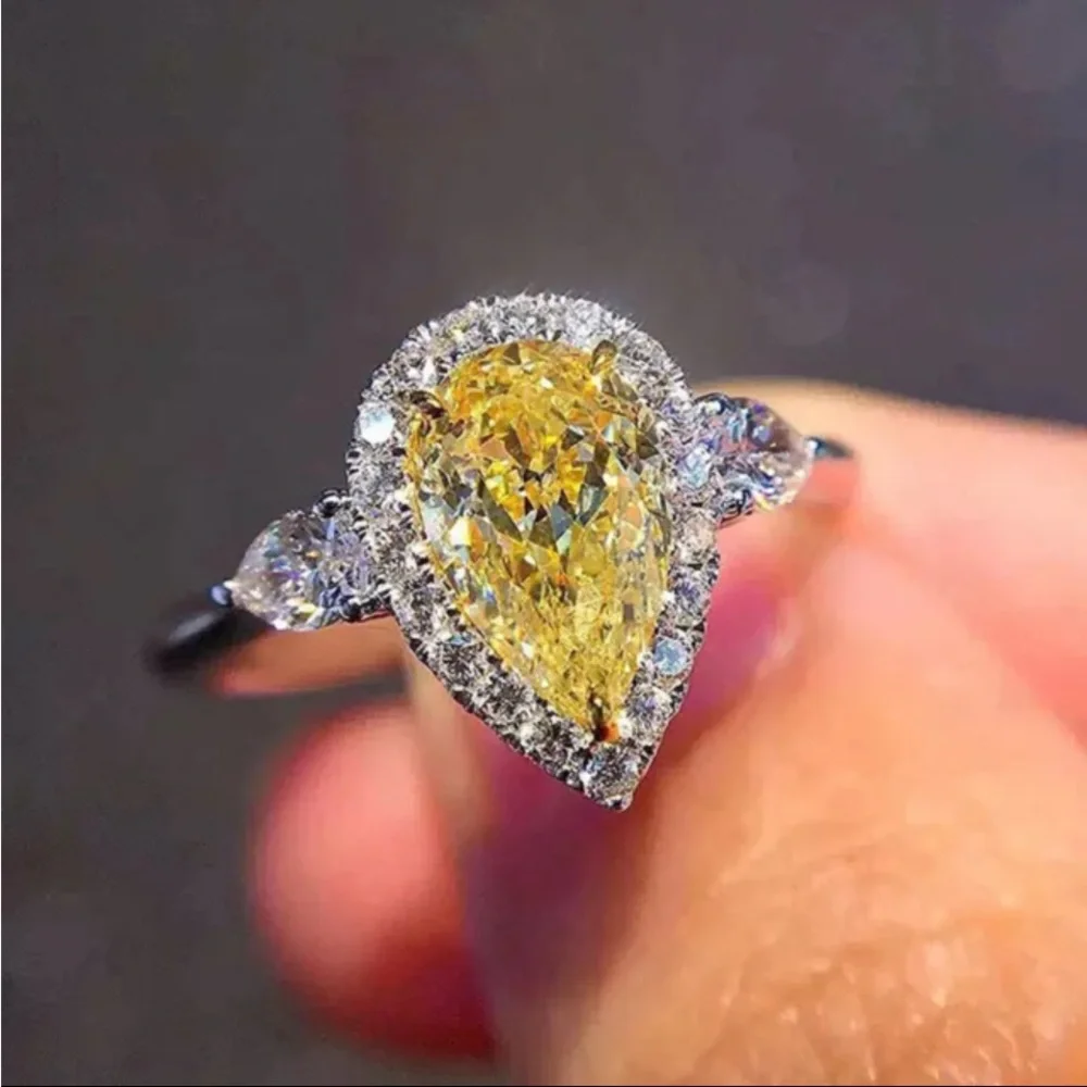 .925 Sterling Silver 2 ct Pear Cut Yellow Sapphire & White Sapphire Ring - Picture 4 of 11